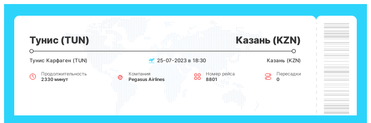 Акционный авиа билет Тунис (TUN) - Казань (KZN) номер рейса 8801 - 25-07-2023 в 18:30