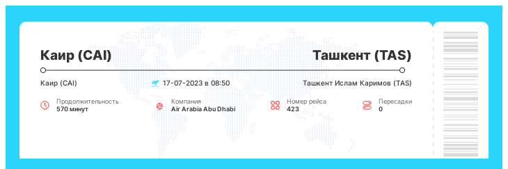 Авиабилет на самолет Каир (CAI) - Ташкент (TAS) рейс - 423 : 17-07-2023 в 08:50