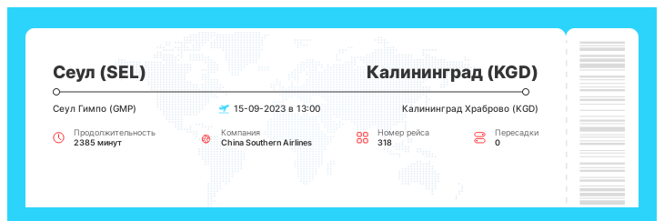 Авиабилеты по акции Сеул (SEL) - Калининград (KGD) номер рейса 318 : 15-09-2023 в 13:00