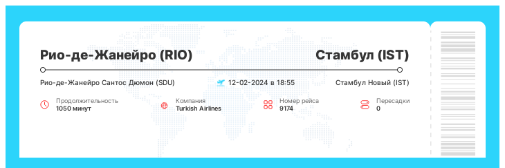 Авиабилет Рио-де-Жанейро - Стамбул номер рейса 9174 - 12-02-2024 в 18:55