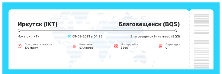 Недорогой перелет Иркутск - Благовещенск рейс 6365 : 09-08-2023 в 04:25